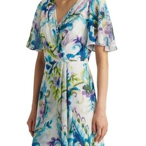 Lauren Ralph Lauren Multicolored Floral V Neck Flutter Sleeve Dress NWT Size 6